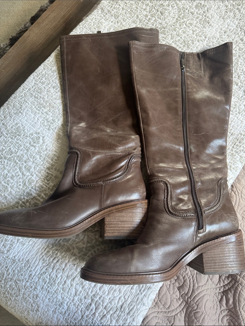 Vince Camuto Brown Leather Mid-Calf Heeled Boots